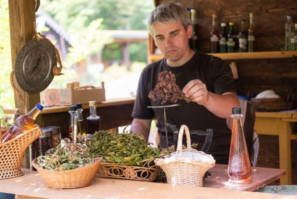 a Herbalist holding a herb